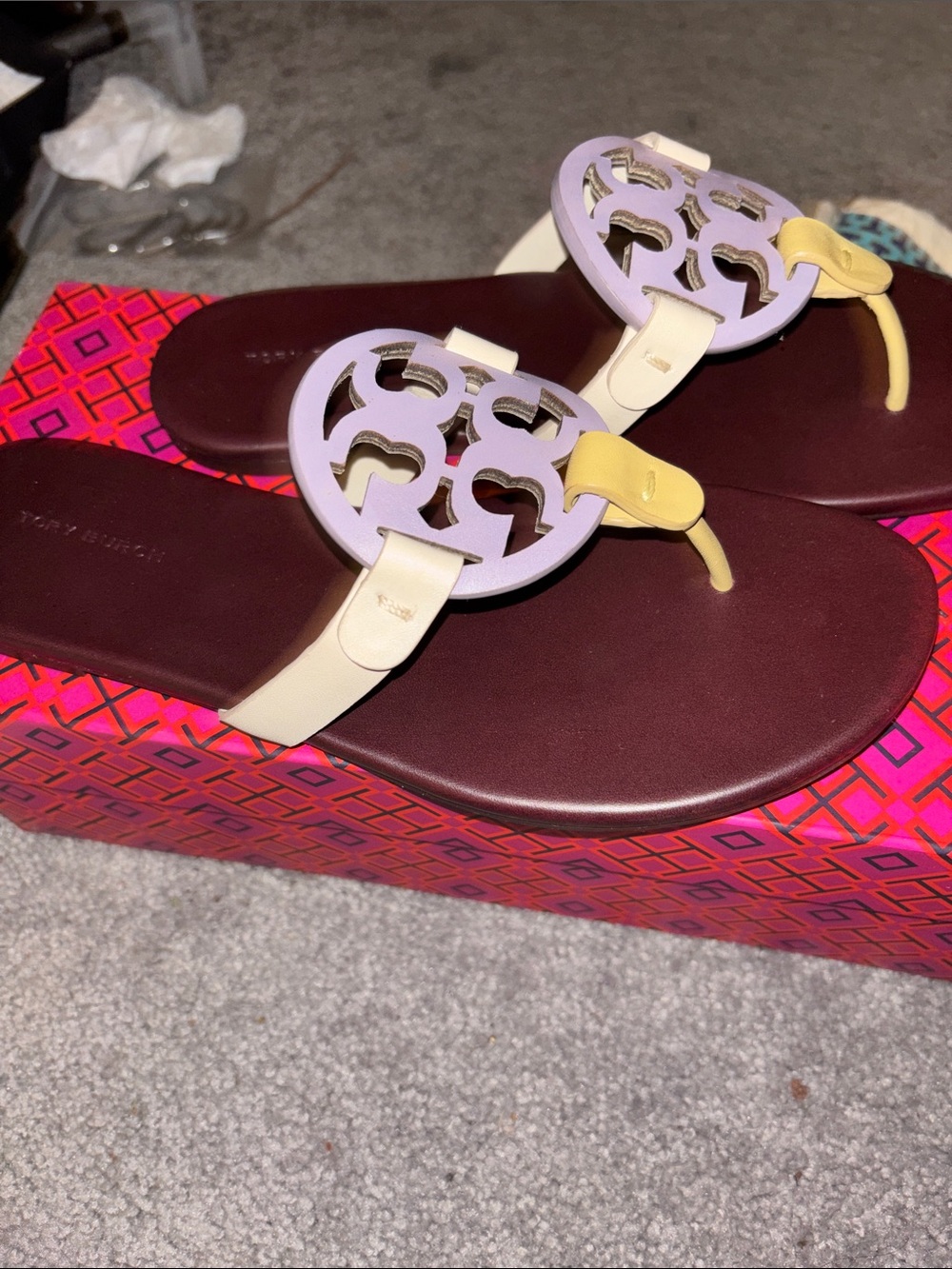 Tory Burch Maroon Sandals with Lavender Medallions & Pale Yellow Straps - Picture 2 of 5